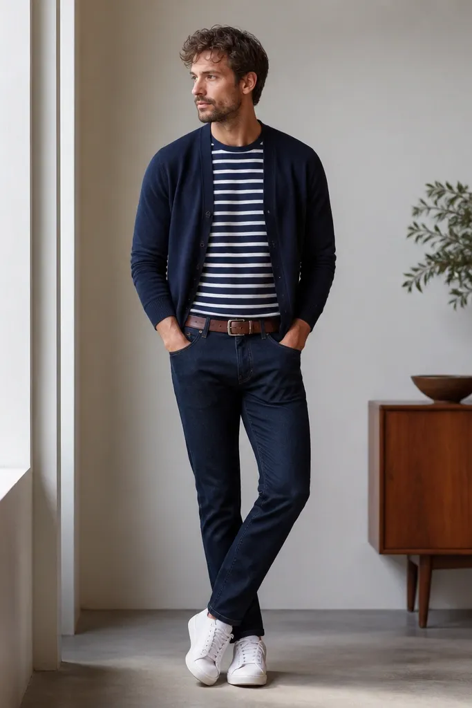 A navy cardigan worn open over a navy-and-white striped tee. It's paired with navy jeans, a brown leather belt, and white leather sneakers.
