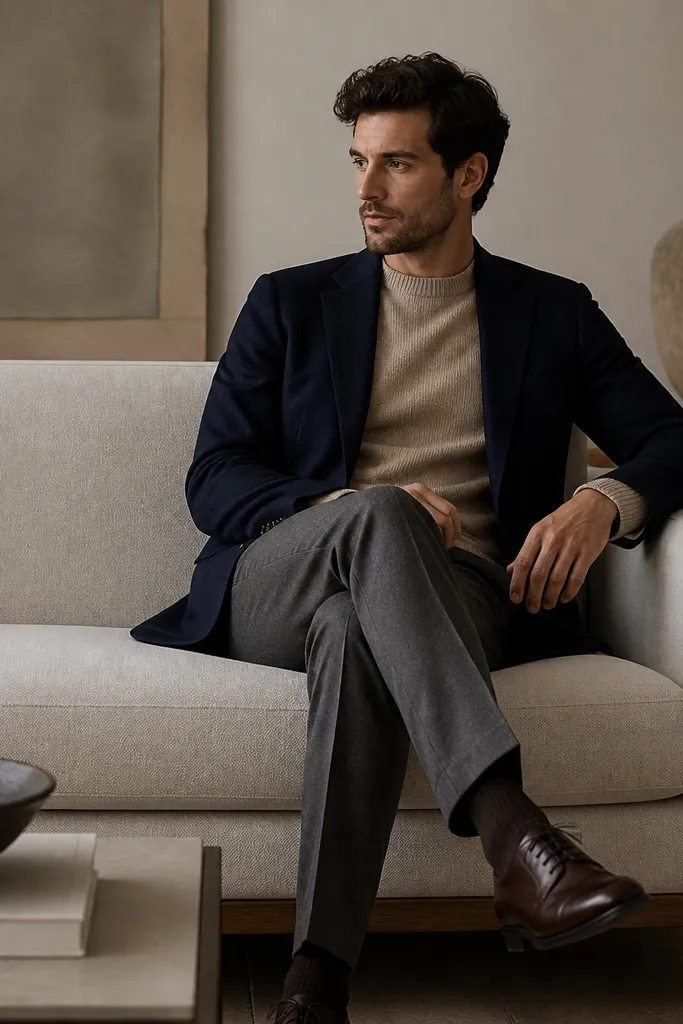A sand-colored crewneck sweater under a navy blazer, paired with medium gray wool trousers. The shirt collar is hidden or minimal, shoes are dark brown leather oxfords.