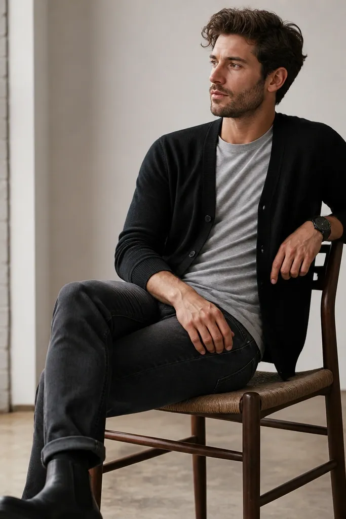 A black cardigan worn open over a heather gray t-shirt. It's paired with charcoal jeans and black leather boots, with a simple black watch.