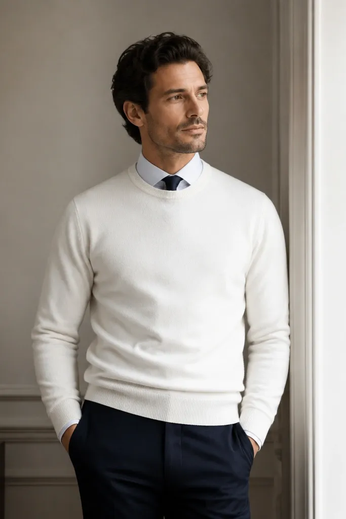 A white crewneck sweater worn over a light dress shirt with a narrow tie, paired with navy trousers. The sweater looks smooth and the tie sits centered under the collar.