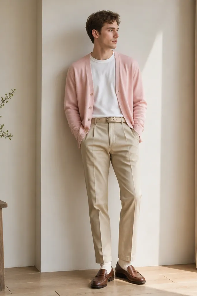 A pale pink cardigan worn open over a white crew tee. It's paired with beige chinos and classic brown leather loafers, with a light belt and cream socks.