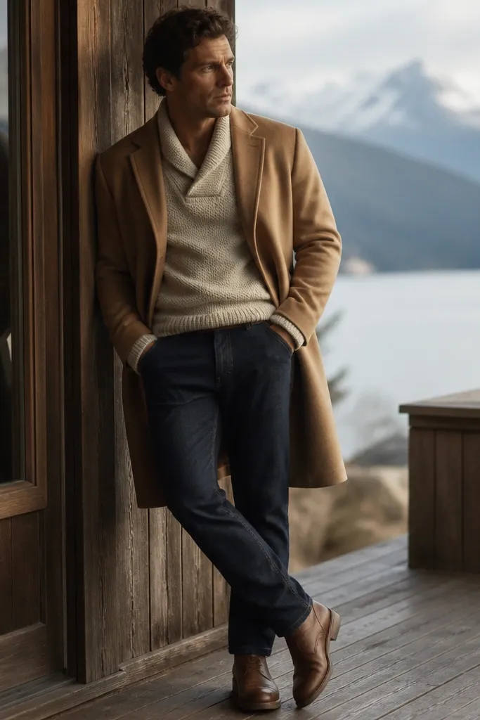 A man in an oatmeal shawl-neck sweater layered under a camel overcoat, wearing dark indigo jeans and brown leather boots; the sweater has a soft drape around the collar and cuffs, with a slightly worn-in look in the knit.