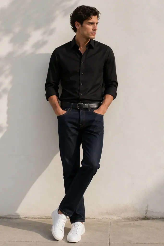 A matte black oxford button-down worn fully tucked into dark indigo straight-leg jeans, with a black leather belt and clean white low-top sneakers; sleeves are rolled once to mid-forearm; the outfit is photographed outdoors against a light wall.