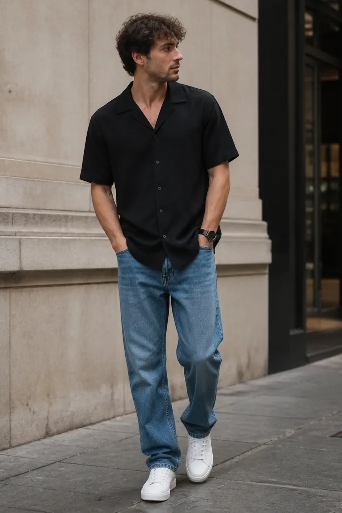 A black camp collar shirt worn untucked over medium-wash blue jeans with a relaxed fit; the top button is open; white sneakers and a simple black watch sit on the wrist; the scene is a casual street photo.