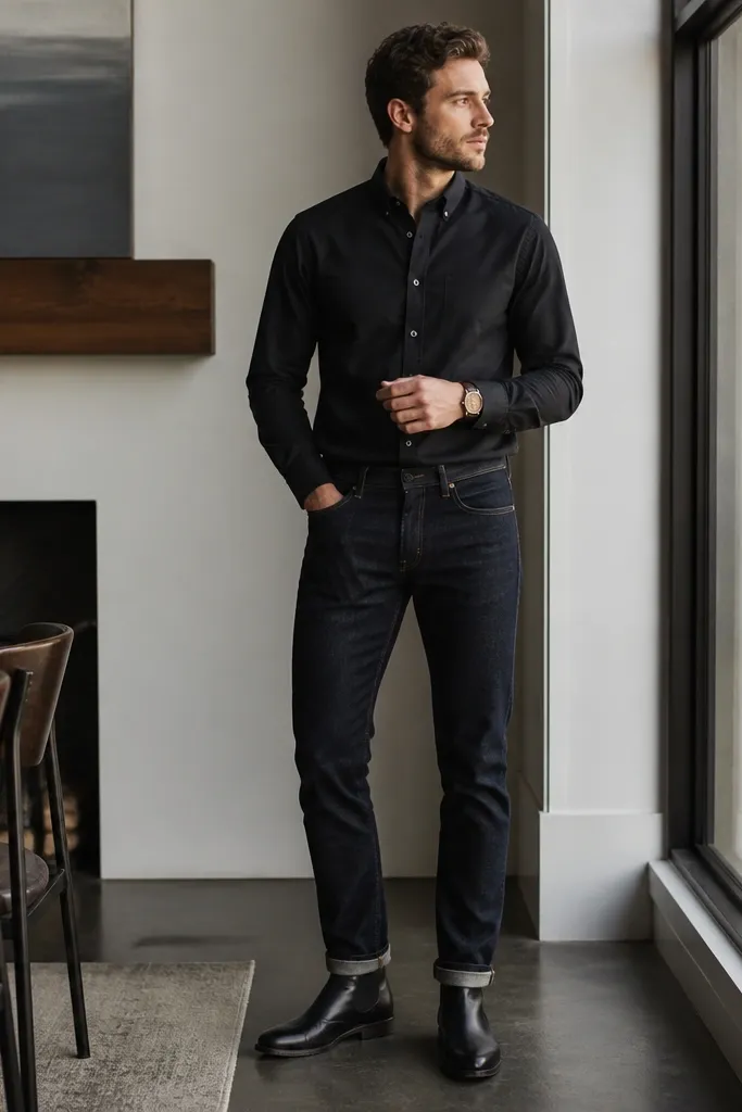 A black twill button-down tucked into dark rinse jeans, with the jeans cuffs rolled once above the shoe; black Chelsea boots; a brown watch face peeks out; indoor daylight photo.