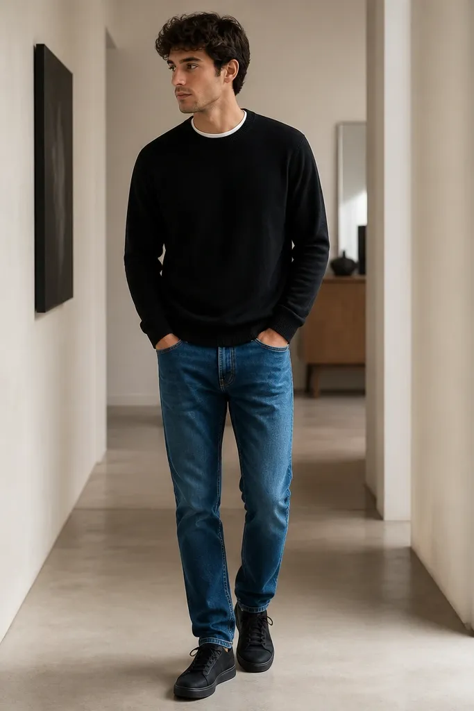 A black crewneck sweater layered over a white undershirt peeking at the neck, worn with blue jeans; black sneakers; the sweater hem sits slightly over the waistband; photo in a hallway.