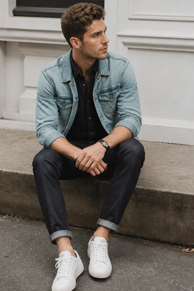 A black button-down rolled at the sleeves worn under a light blue denim jacket; dark wash jeans; white sneakers; outdoor curb photo.