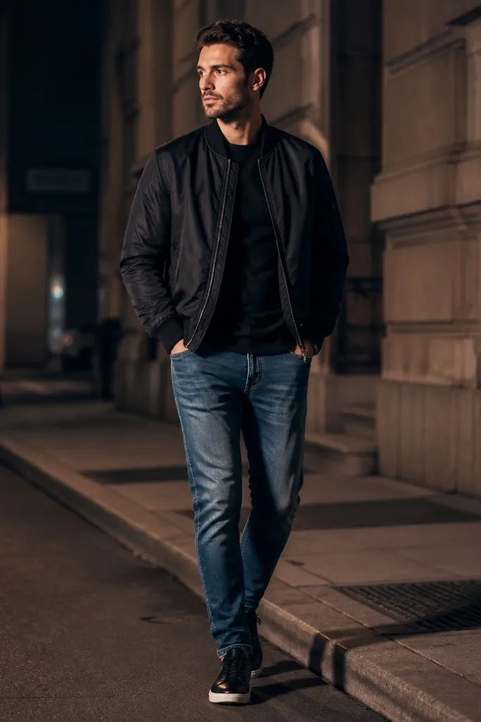 A matte black bomber jacket worn open over a black shirt, with blue jeans and black leather sneakers; the bomber has a ribbed collar and cuffs; night street lighting.