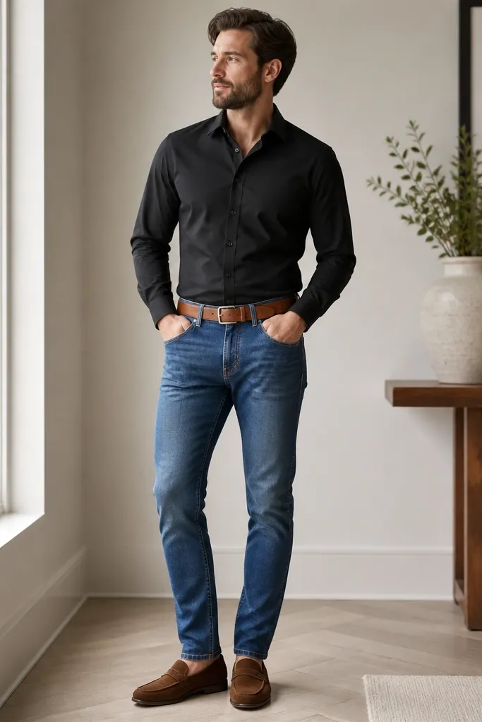 A black button-down fully tucked into blue jeans with a brown leather belt and brown suede loafers; no tie; minimal accessories; bright indoor light.