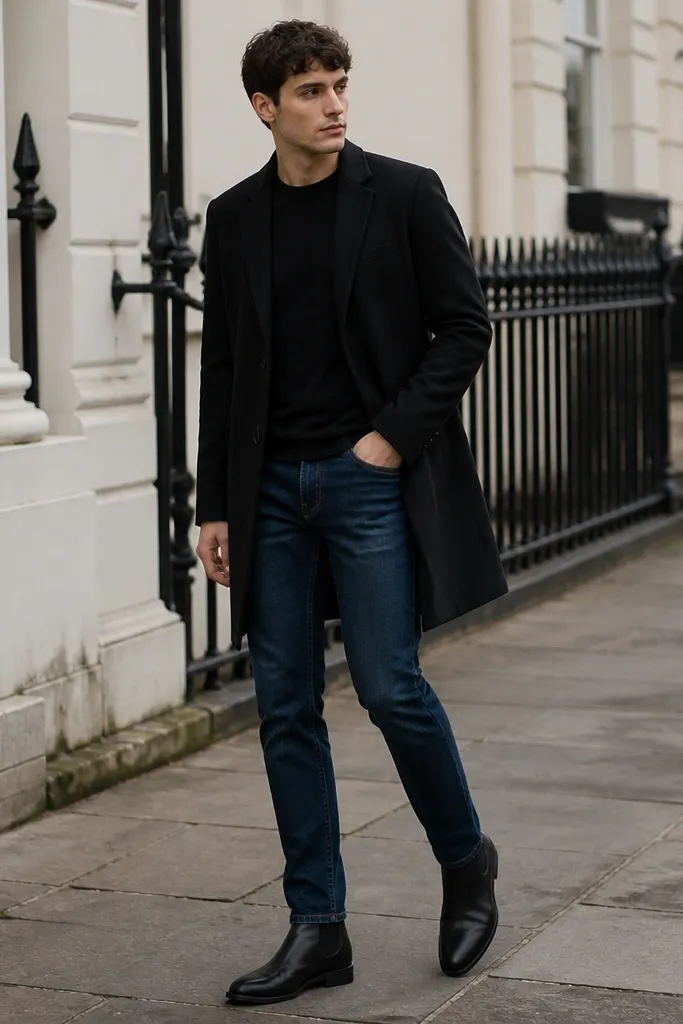 A long black overcoat worn over a black shirt with blue jeans; black Chelsea boots; the coat hem falls near mid-thigh; the outfit is photographed in cool weather light.