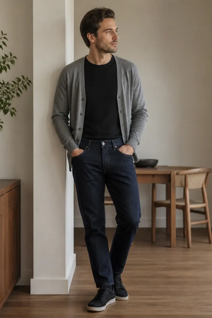 A black shirt tucked into dark indigo jeans with a medium-grey cardigan worn open; black sneakers; relaxed indoor photo with natural light.