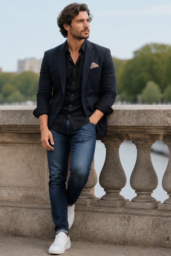 A black button-down worn untucked with rolled sleeves and a small patterned pocket square tucked into a jacket pocket; blue jeans; white sneakers; outdoor photo.