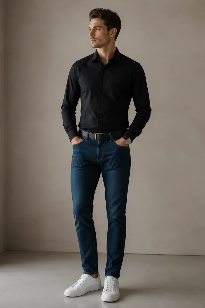 A matte black button-down fully tucked into blue jeans with a matching black leather belt; white sneakers; no jacket; simple watch; neutral indoor background.