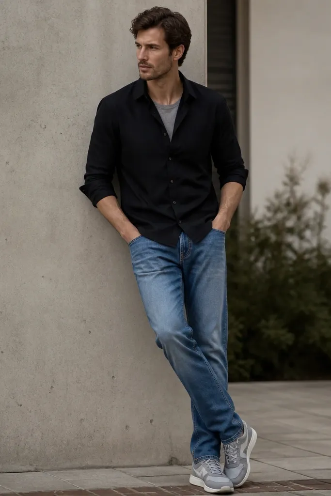 A black shirt worn untucked with rolled sleeves, slightly open at the collar showing a grey undershirt; medium wash jeans; grey-toned sneakers.