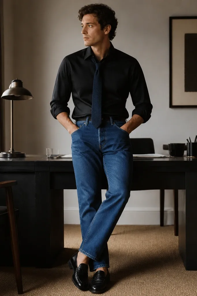 A black shirt tucked into blue jeans with a navy knit tie (no jacket), black loafers; tie sits loosely; indoor office-like lighting.