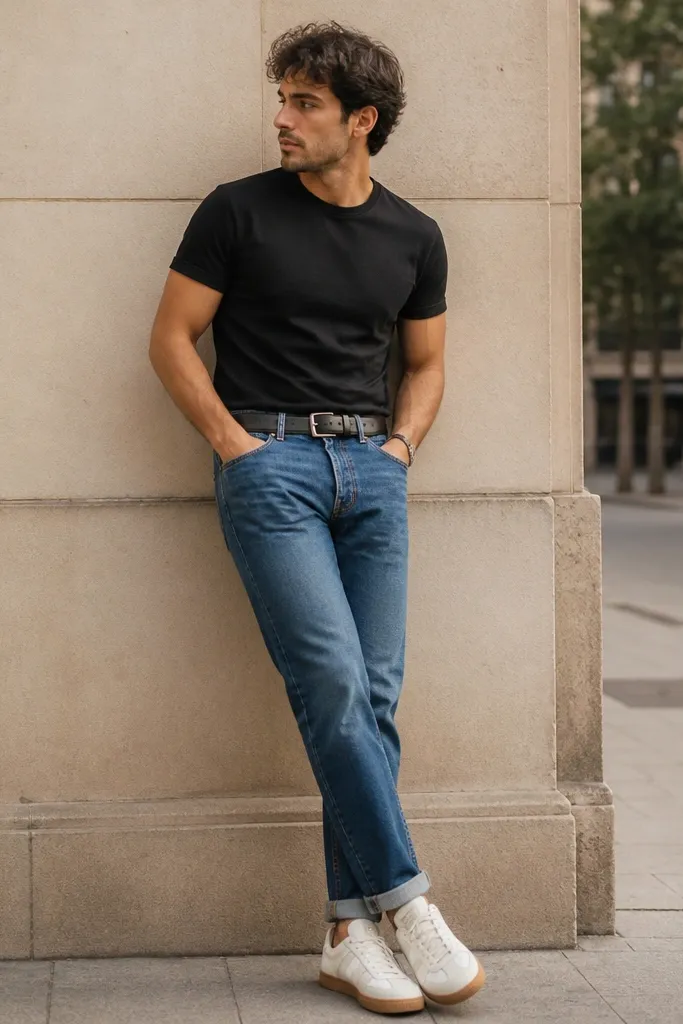 A matte black shirt tucked into blue jeans with a belt; jeans hem rolled once; retro sneakers in white with a hint of gum sole; casual sidewalk photo.