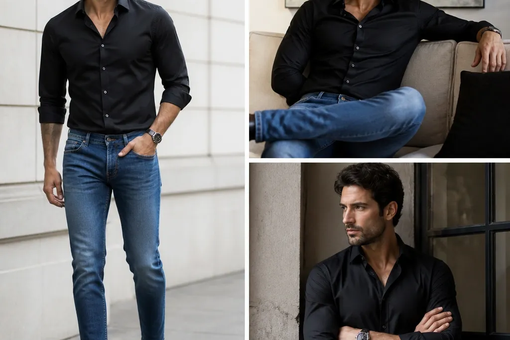 Modern black shirt blue jeans outfit men guide