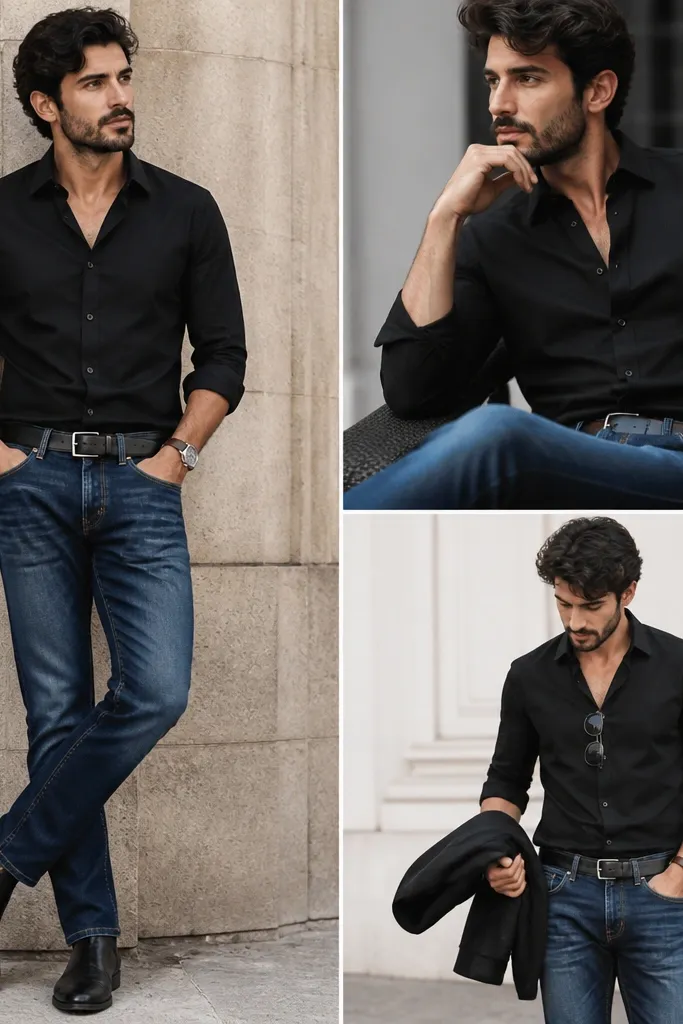 Modern black shirt blue jeans outfit men guide