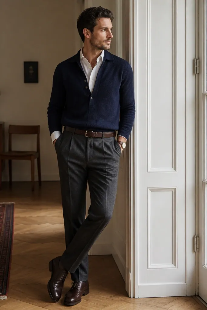 A man wearing charcoal tailored trousers with a crisp white oxford shirt buttoned at the collar, a navy medium-gauge knit polo worn open over the shirt, and dark brown leather derbies. Belt matches the shoe color; watch has a simple leather strap.
