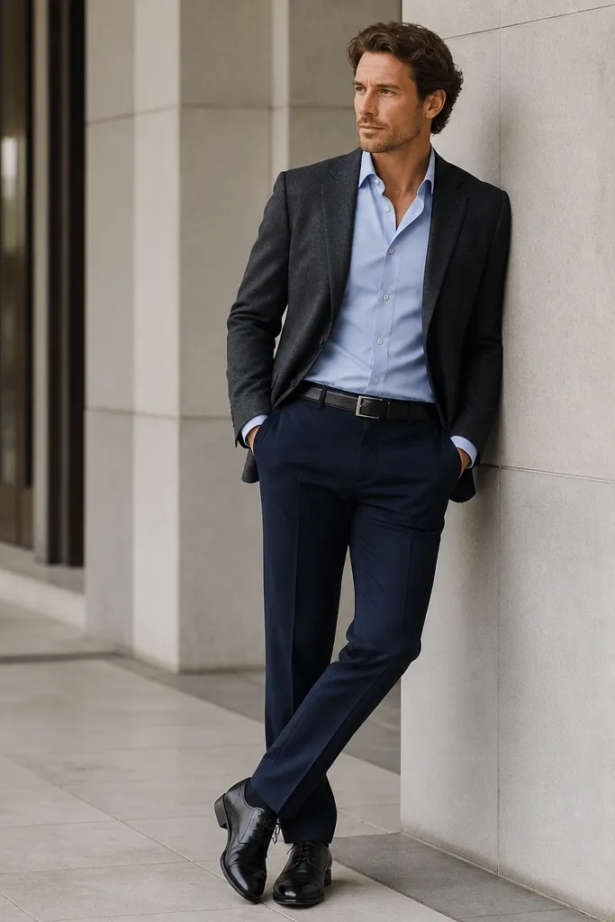 Navy tailored trousers paired with a light blue button-down shirt. An unstructured charcoal blazer sits open, sleeves relaxed, and the man wears black leather oxfords and a black belt. The look is neat with no tie.
