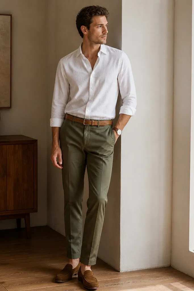 Olive straight chinos with a white button-down shirt (open collar, Oxford cloth). The man wears brown suede loafers, a tan belt, and a minimal watch. Shirt is tucked with a clean crease at the waist.
