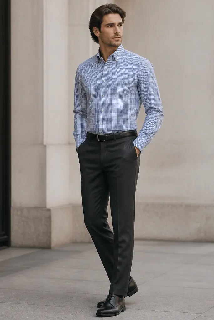 Charcoal tailored trousers paired with a blue-and-white check button-down. The man keeps the top button open or fully buttoned based on comfort, no tie, and wears black leather oxfords with a matching belt.