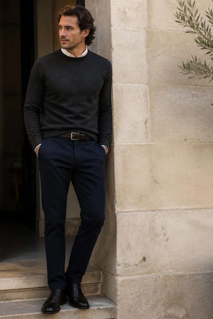 Navy chinos with a white shirt collar peeking out under a charcoal crewneck sweater. The man wears dark leather shoes and a matching belt. The sweater sits smooth at the waist and sleeves are neatly finished.