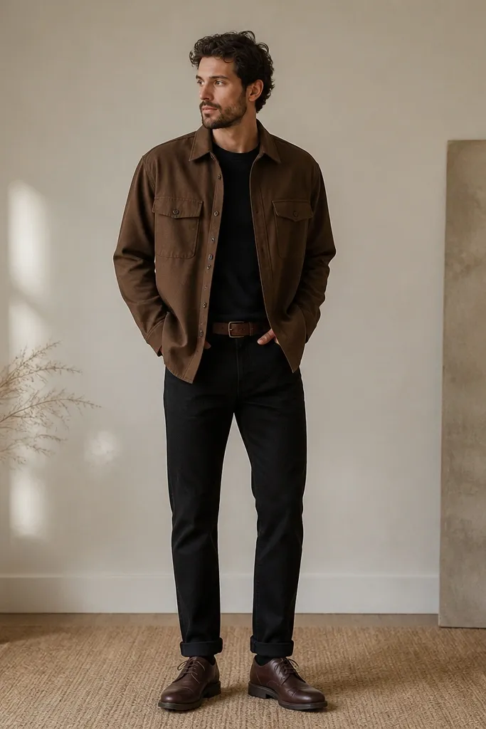 A brown twill overshirt worn open over a dark t-shirt or shirt, paired with black jeans. The man wears brown leather derby shoes and a brown belt. The overshirt has chest pockets and a clean drape.