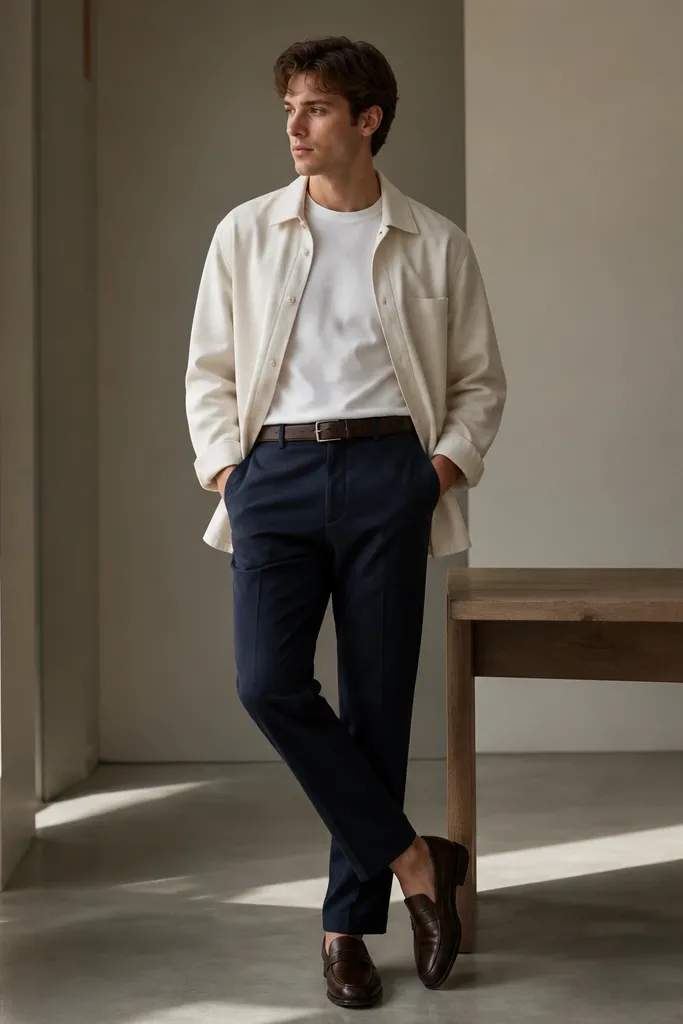 Navy trousers paired with a white crew tee under a light shirt jacket (off-white or light gray). The man wears loafers in dark brown and a matching belt. No tie, collar looks clean.