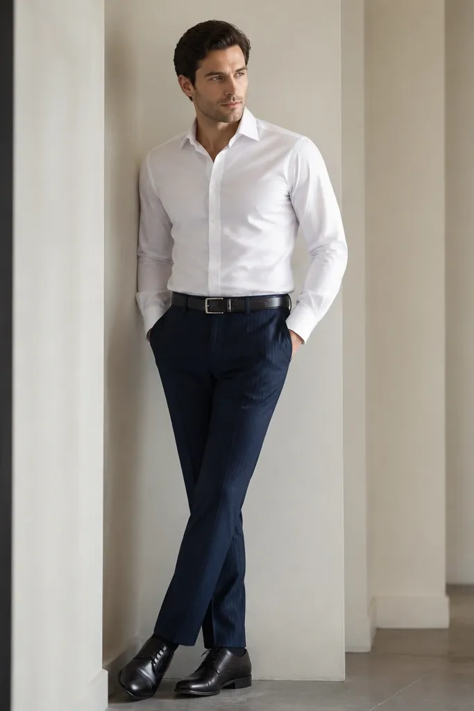 White button-down shirt tucked into navy trousers with subtle vertical stripes. The man wears dark oxfords and a dark belt. The outfit looks clean with minimal accessories.