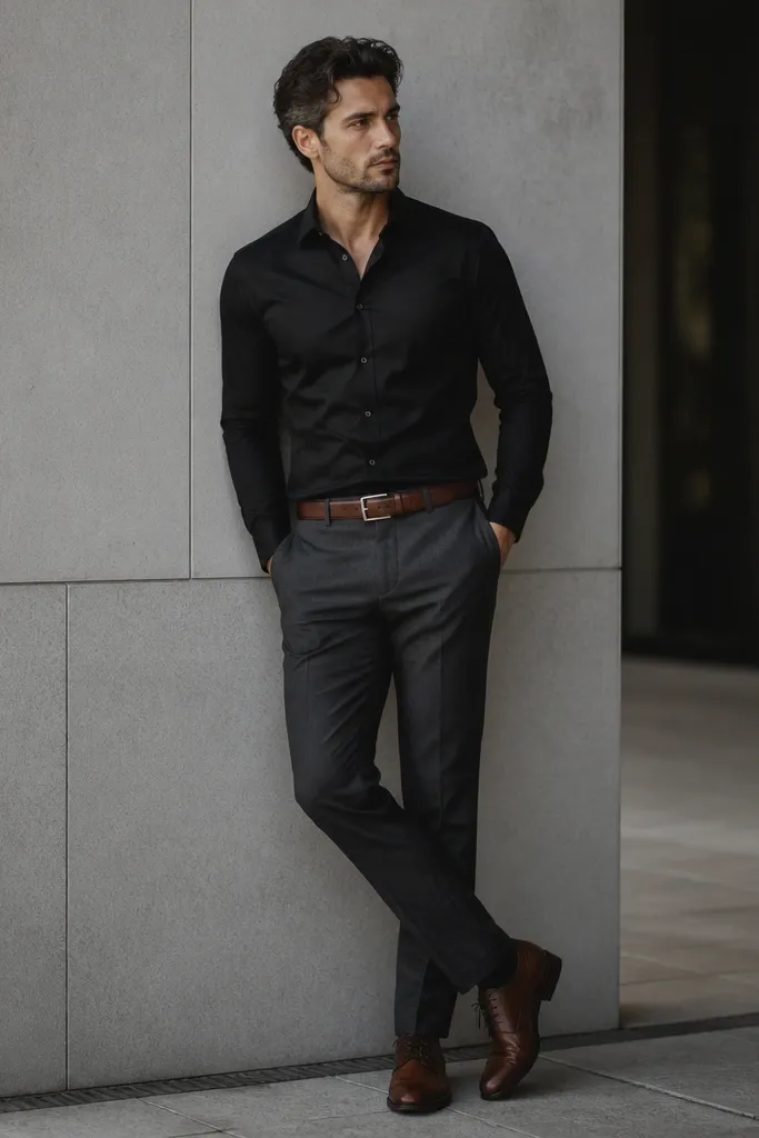 Charcoal trousers paired with a matte black button-down shirt. The man wears a brown belt and brown leather shoes. Everything looks smooth, collar sits flat, no tie.