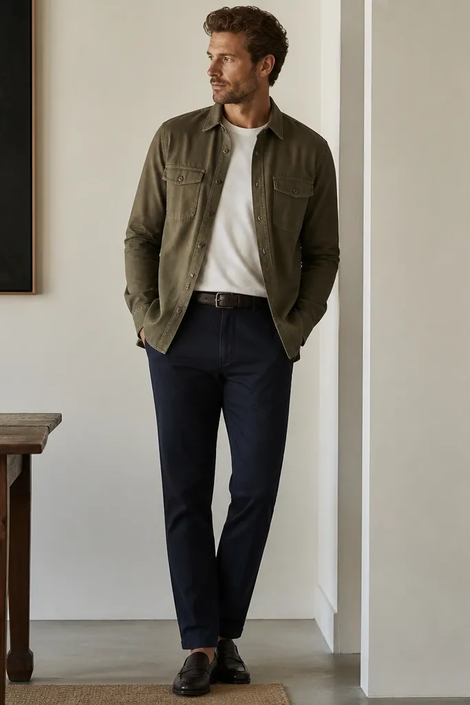 An olive overshirt worn open over a white crew tee. Navy chinos underneath, dark loafers on the feet, and a dark belt. The overshirt has visible stitching and chest pockets.