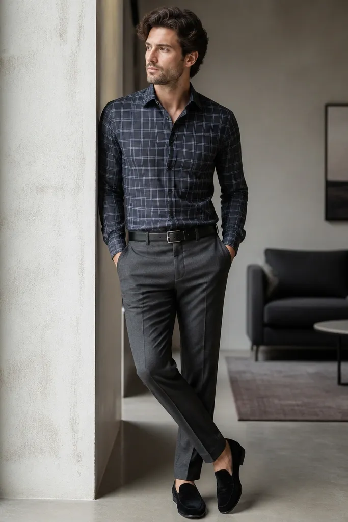 Charcoal trousers with a windowpane-patterned shirt in black, gray, and light blue. The man wears black suede loafers and a black belt. Shirt is tucked, cuffs neat, no jacket.