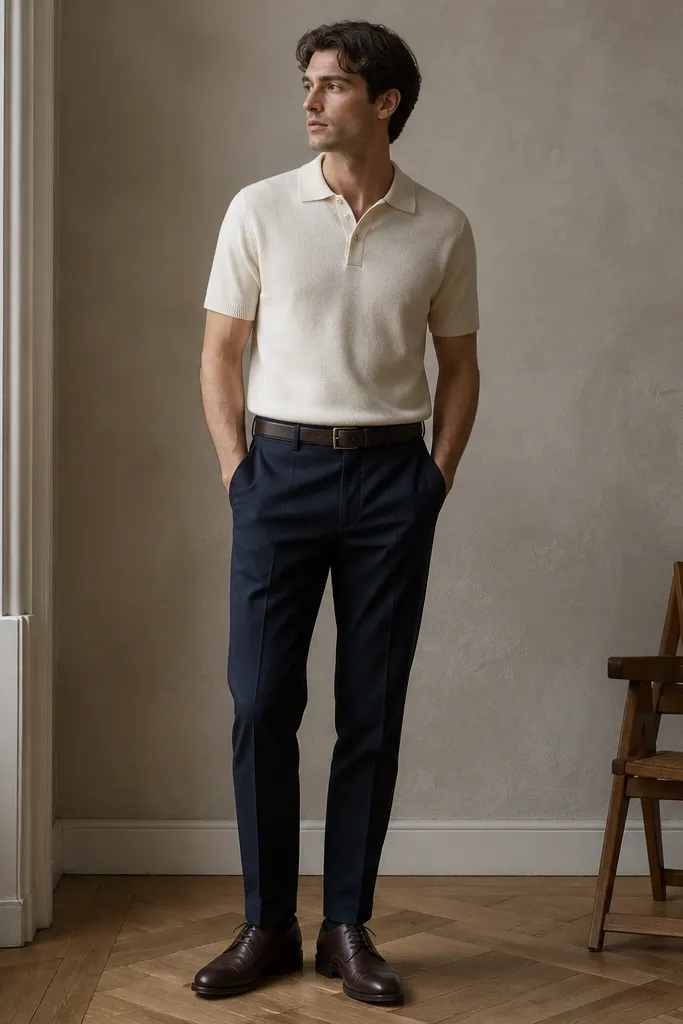 Cream knit polo tucked into navy trousers. Dark brown derby shoes and matching belt. The polo has a neat collar and sleeves, and the fabric looks medium-gauge.