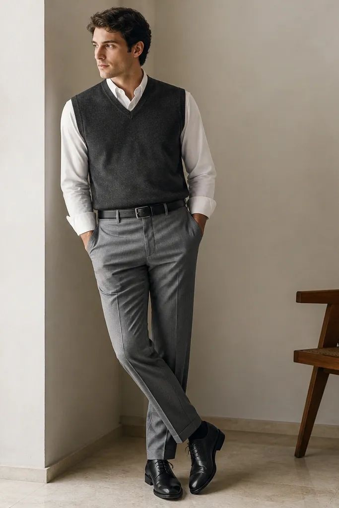 Light gray flannel trousers with a white button-down shirt. A charcoal sweater vest is layered on top, sleeves show the shirt cuffs. The man wears black leather shoes and a matching belt.