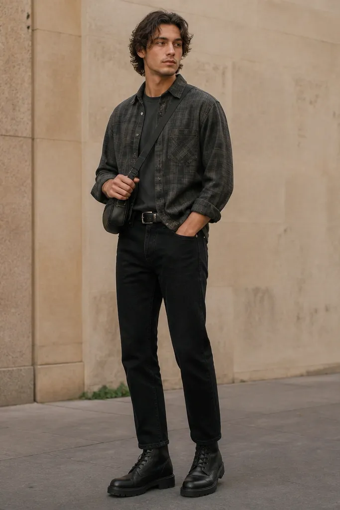 A man wearing a washed black crewneck tee with a charcoal faded flannel over it, buttoned halfway. The flannel hem sits around the belt line, and the sleeves are rolled once. He wears straight black jeans and black combat boots. A simple black belt and a small crossbody bag finish the look.