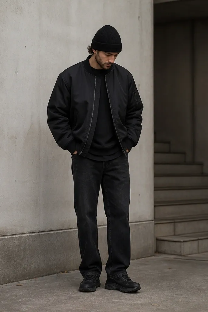 A man layered in dark tones: a charcoal thermal long-sleeve is visible at the cuffs and neckline under an oversized black tee. The tee hangs slightly over dark straight-leg jeans. He wears a matte black bomber jacket and black chunky sneakers. A beanie sits low on his forehead.