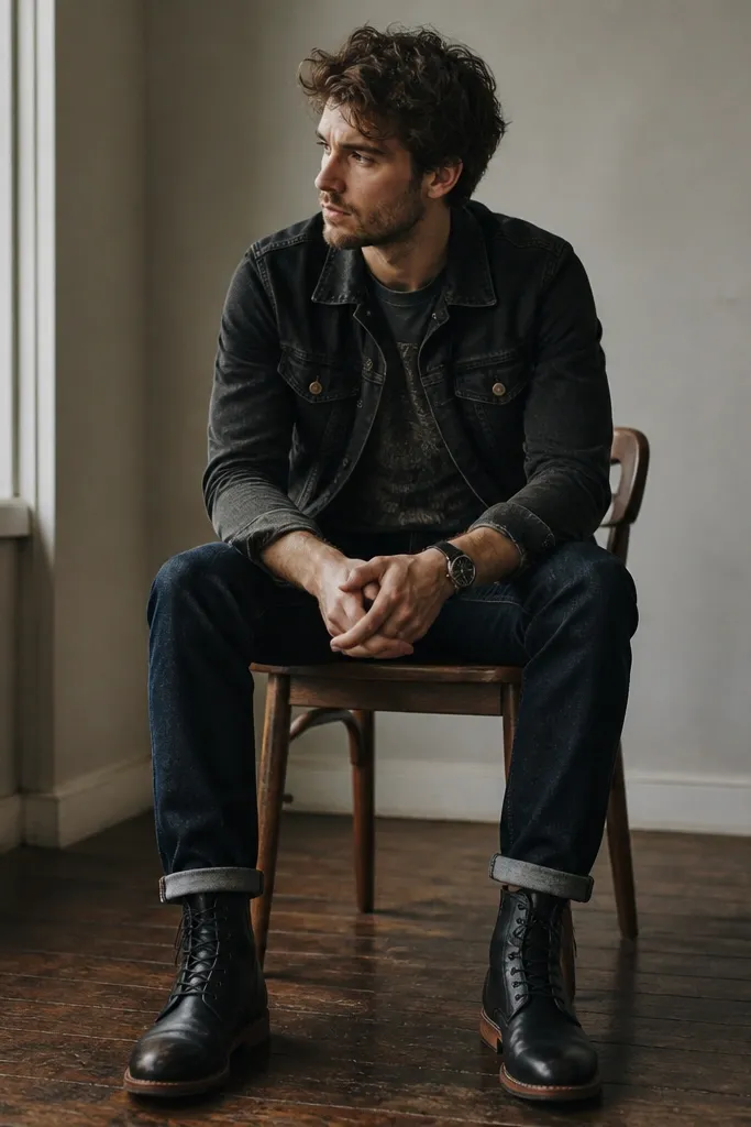 A man in a black denim jacket with slightly faded sleeves over a muted dark graphic tee. The graphic is low-contrast, almost washed out. He wears dark indigo jeans and black lace-up boots. His watch has a dark strap, and his hair looks slightly messy.