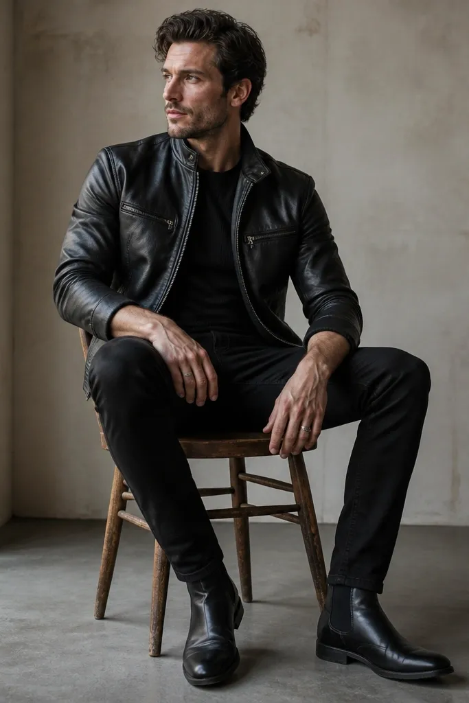A man wearing a matte leather-look moto jacket over a ribbed black long-sleeve. The jacket zipper is half open. He has black jeans and black leather boots. His sleeves are slightly pushed up, showing the ribbed texture.