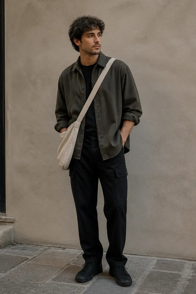 A man wears a dark olive or charcoal overshirt over a black crewneck. The overshirt is slightly loose with rolled sleeves. He wears black cargos or dark straight jeans and black sneakers. A canvas tote hangs across his body.