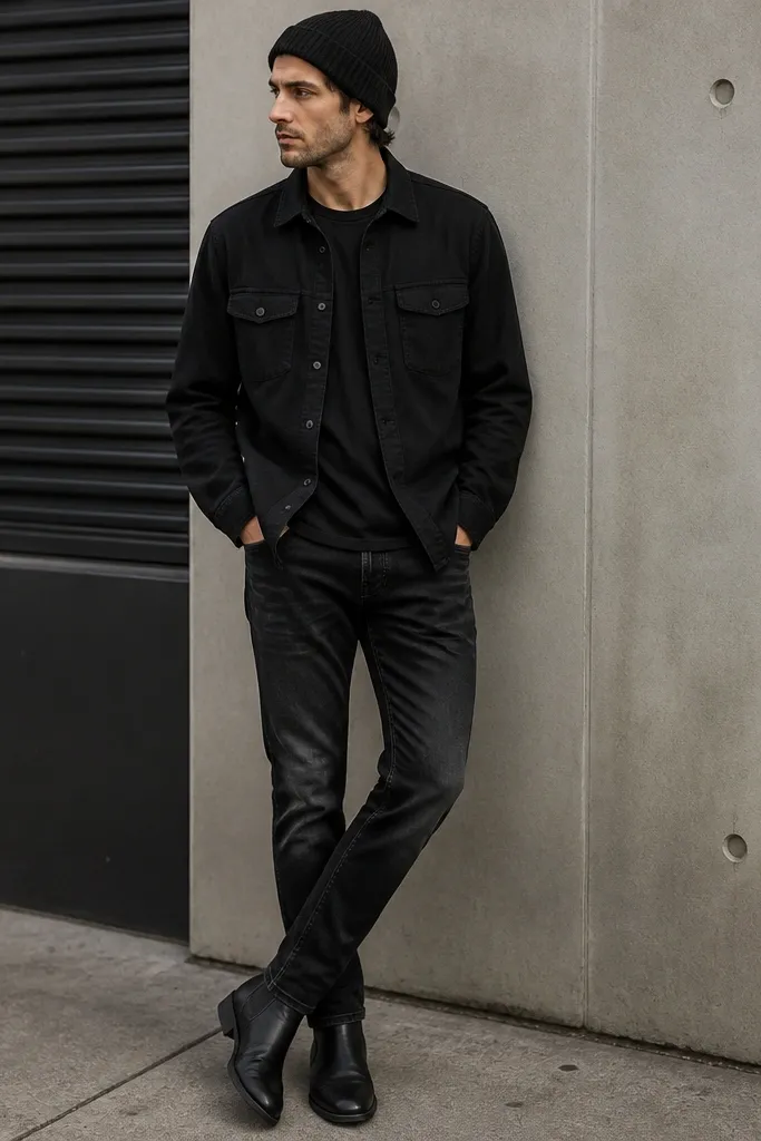 A man in a black tee, black overshirt, and black jeans. One piece stands out: the jeans are faded at the thighs with subtle whiskering. He wears black boots and a black beanie.