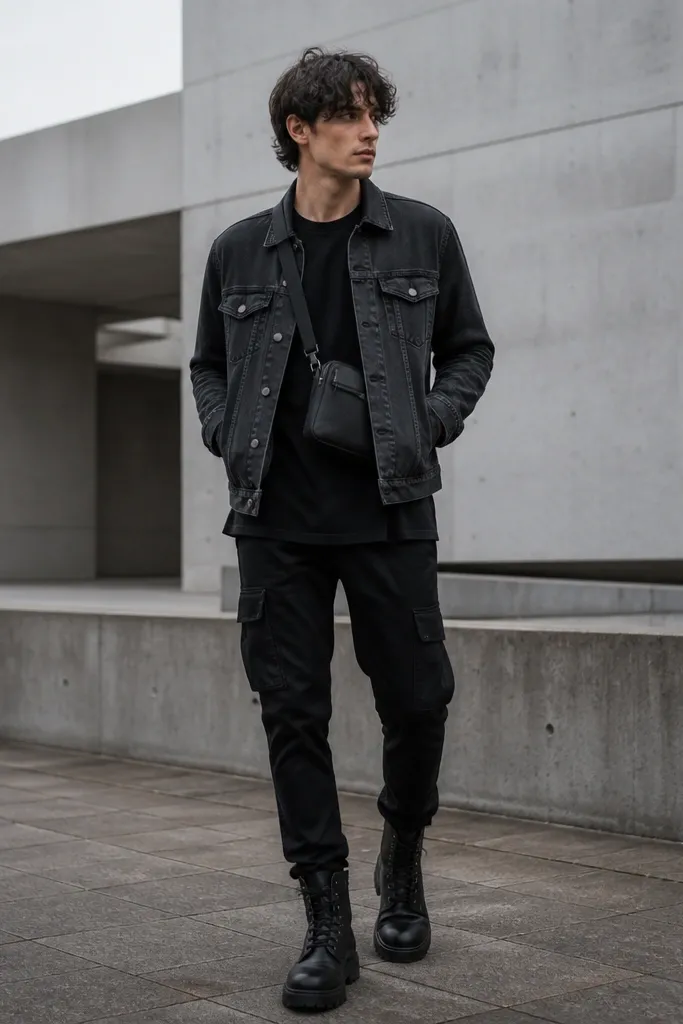 A man wearing black cargo pants with visible pockets and slight taper. He has a longline black tee that reaches mid-hip. A hip-length denim jacket sits over it, and he wears black combat boots. A crossbody bag rests at his waist.