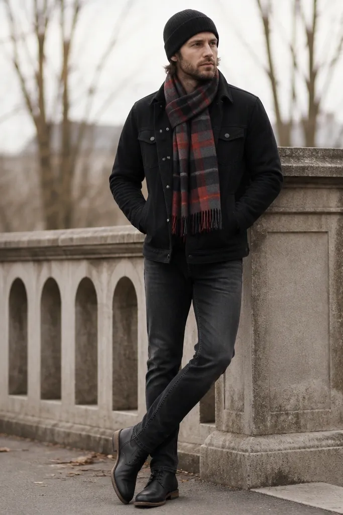 A man in a black jacket and dark jeans, with a plaid flannel scarf wrapped at the neck. The scarf has red-brown and charcoal stripes. He wears black boots and a dark knit beanie.