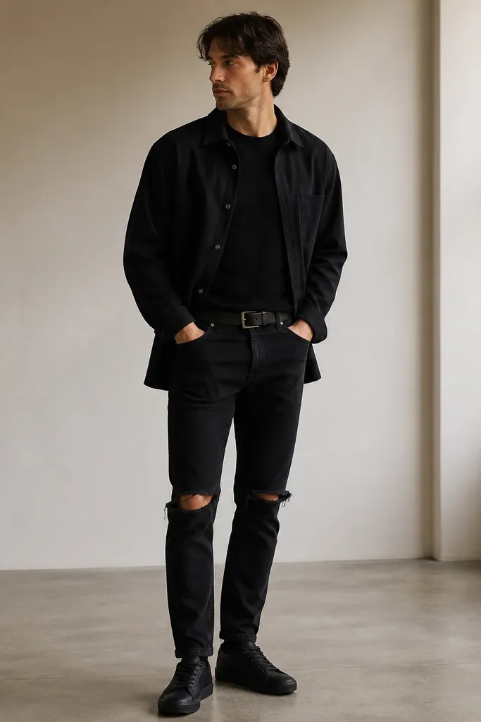 A man wearing dark black jeans with controlled rips at the knees. He has a clean black overshirt with no graphics. The overshirt is slightly oversized but hip-length. He wears black sneakers and a simple black belt.