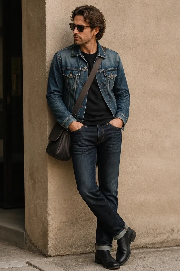 A man wearing a faded indigo denim jacket over a black tee. His jeans are dark wash with visible whiskering at the hips. He wears black boots and a dark crossbody bag.