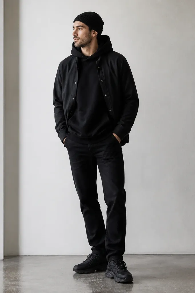 A man wearing a black hoodie under a black snap-button overshirt. The overshirt is open, showing the hoodie front. He wears dark jeans and black chunky sneakers. A beanie sits on top.