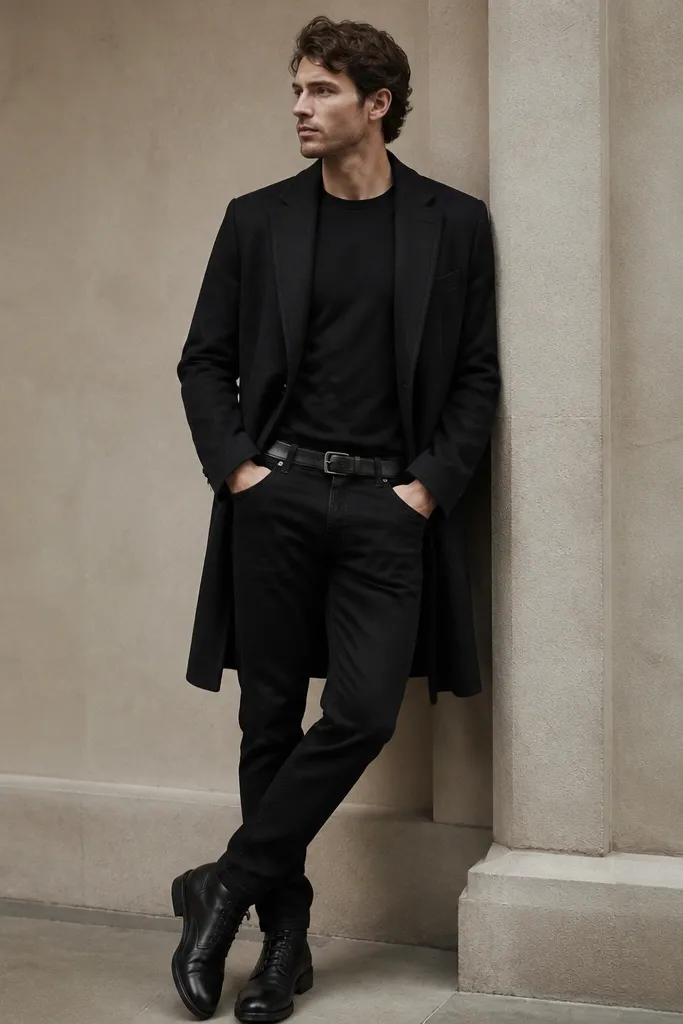 A man wearing a longline dark coat over a tucked black tee. The coat falls past the hips. He wears straight black jeans and black lace-up boots. His belt is visible and his sleeves show a bit of tee cuff.
