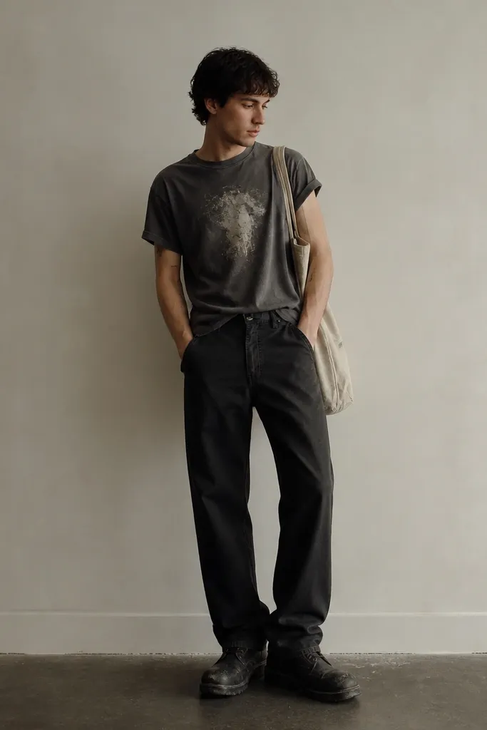 A man in a washed band tee with a faded print, paired with dark work pants. He wears scuffed black boots and a canvas tote. The tee is tucked slightly at the front. The jacket is optional, but the look focuses on the pants and boots.