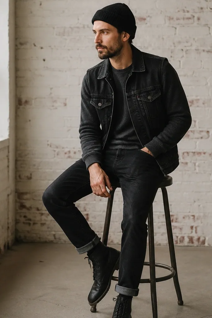 A man wearing a black knit beanie and a charcoal crewneck sweater. Over it is a black or dark denim vest. He wears dark jeans and black boots. The vest has worn edges and slightly faded pockets.