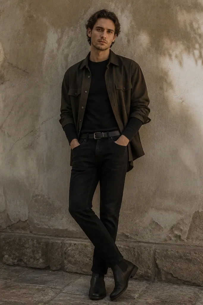 A man wearing a greenish-black overshirt (almost like dark moss) over a black fitted long sleeve. His jeans are black with a tapered fit. He wears black boots and a dark belt. The overshirt is slightly loose with rolled sleeves.